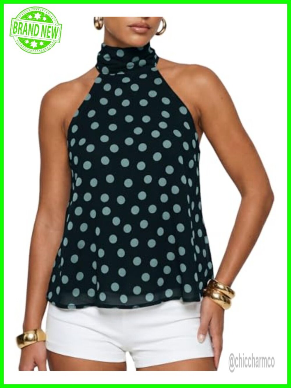 Women's Polka Dot Mesh Halter Peplum Tank Top Open Back Tie Up Y2K